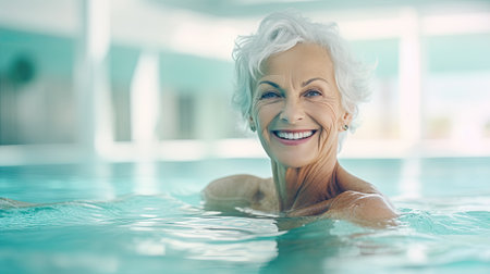 Happy smiling senior woman in poolの素材