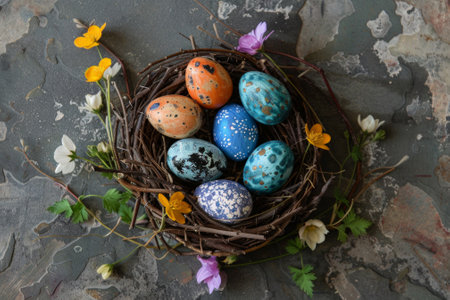 Colorful Easter eggs in nest and spring flowers on gray table top viewの素材
