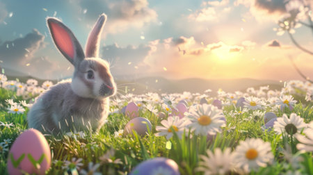 Easter landscape, bunnies with colorful eggs and daisy flower on meadow under beautiful sky.の素材