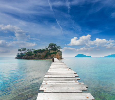 bridge to Agios Sostis island, Beautiful landscape of Zakinthos island, Greeceの写真素材