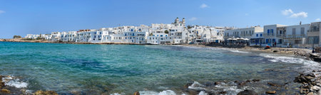 Naoussa town waterfront and sea in harbour, beautiful Greek islands, Paros Greece, wide web panoramaの写真素材