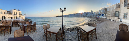 Naoussa town waterfront at harbour, beautiful Greek islands, Paros Greece, wide web panoramaの写真素材