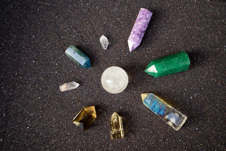 Seven chakras healing crystals. Witchcraft, herbal medicine and healing, Magic healing Rock for Reiki Crystal Ritual, Witchcraft, spiritual esoteric practiceの写真素材