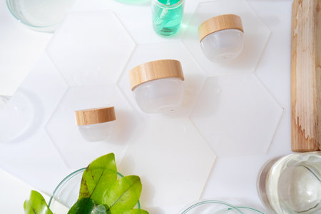 Laboratory tested face cream in white glass container,の写真素材