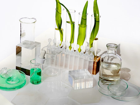 Science and nature concept, green laboratory with test tubesの写真素材