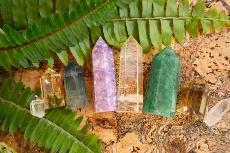 Gemstones minerals stones in the shape of obelisks. Witchcraft, herbal medicine and healing, Magic healing Rock for Reiki Crystal Ritual, Witchcraft, spiritual esoteric practice.の写真素材