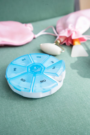 pill box with sleeping mask and pill box, sleep-wake disorders concept, insomnia therapy, sleep difficulties and deprivationの写真素材