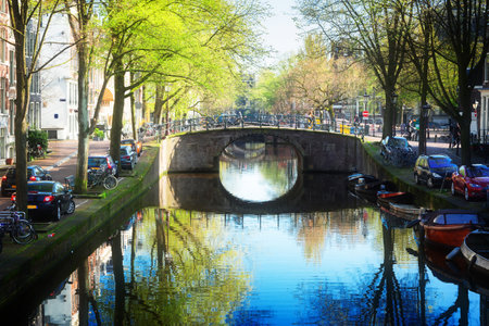 Bridge and tree over canal with mirror reflections, Amsterdam, Netherlands, tonedの写真素材