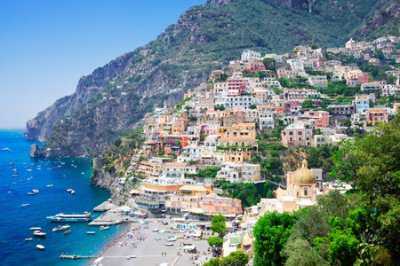 view of Positano town at summer - old italian resort, Italyの写真素材