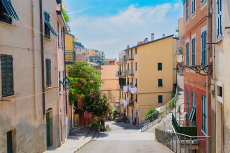 street of Riomaggiore picturesque town of Cinque Terre, Italyの写真素材