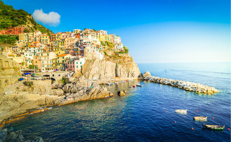Manarola picturesque town and sea of Cinque Terre, Italyの写真素材