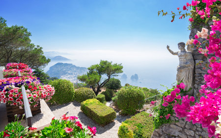 View from mount Solaro of Capri island at summer day with flowers, Italyの写真素材