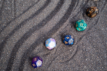 Horoscope zodiac divination dice. Fortune telling and astrology predictions charts concept, magic rituals and exoteric experienceの写真素材