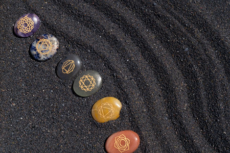 Seven chakras healing crystals. Witchcraft, herbal medicine and healing, Magic healing Rock for Reiki Crystal Ritual, Witchcraft, spiritual esoteric practiceの写真素材