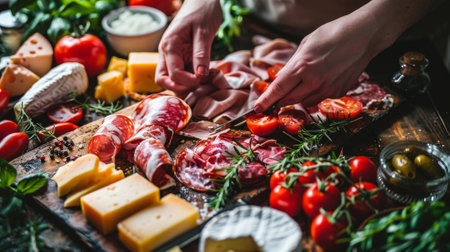 Variety of cheeses, meats, and fresh ingredients displayed on a wooden board, ideal for gourmet cuisine enthusiastsの素材