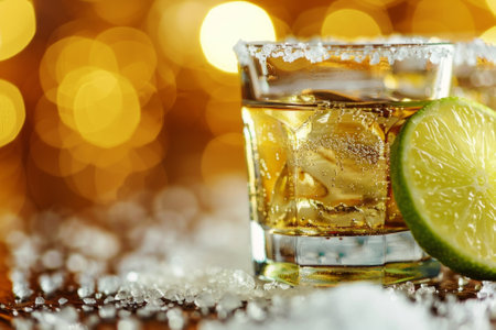 tequila shot with lime slice and salt on tableの素材