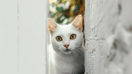 Portrait of a beautiful white cat with yellow eyes looking out the windowの素材