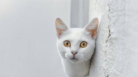 White cat with yellow eyes looking out of the window, selective focusの素材