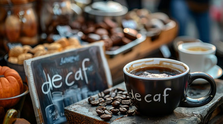 Coffee cup and coffee beans on wooden table. Coffee shop concept.の素材