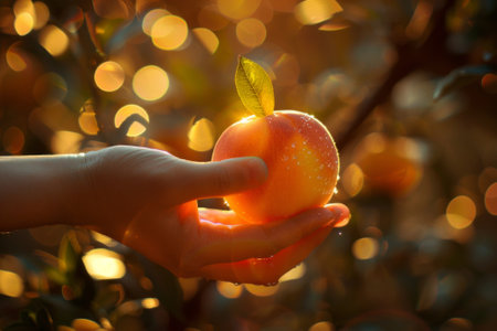 hand holding apple fruit, garden in backgroundの素材