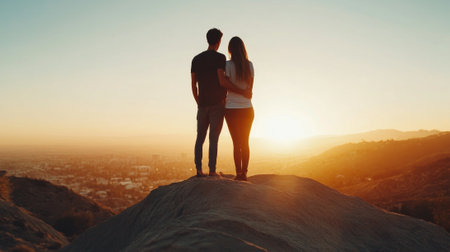 A couple stands on a large rock formation with arms wide open, joyfully taking in the stunning sunset viewの素材