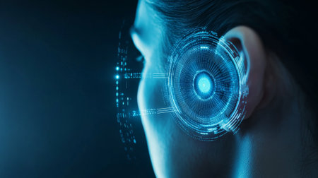 A conceptual image depicts a human ear with digital elements and vibrant lights, merging biology and technologyの素材