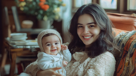A joyful mother is enjoying quality time with her adorable baby and smartphone in a cozy indoor settingの素材