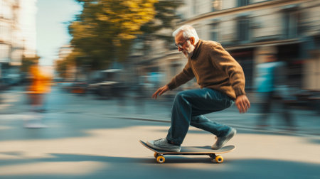An elderly man joyfully skates along a bustling city street, vividly showcasing his youthful and vibrant spiritの素材