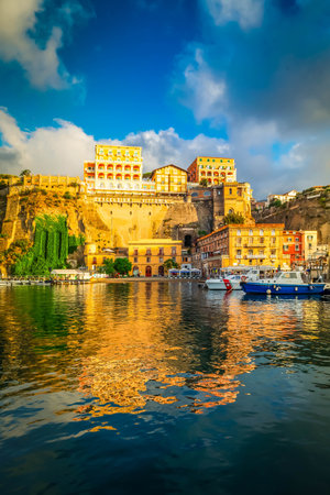 boats embankment and city of Sorrento, southern Italyの写真素材