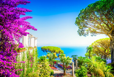 Ravello village park, Amalfi coast of Italy, retro tonedの写真素材