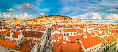 Saint Georges Castle and Lisbon old town from Santa Justa mirador, Portugalの写真素材