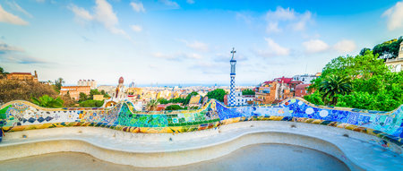 Barcelona cityscape on sunny summer day, travel destination and vacations concept wide panorama in...