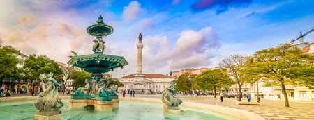 famous Rossio square at sunny day, Lisbon, Portugal, panoramaの写真素材