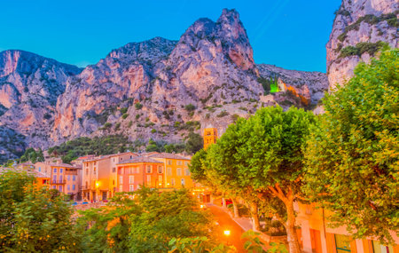Moustiers-Sainte-Marie, provencal typical small town in southern France at night, Provence.の写真素材