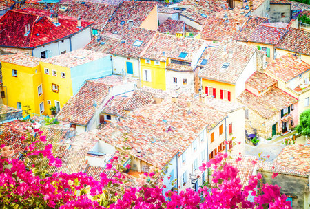 Moustiers-Sainte-Marie, provencal typical small old town in Provence with flowers, Franceの写真素材