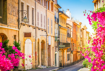 old town street of Aix en Provence at summer day, Franceの写真素材