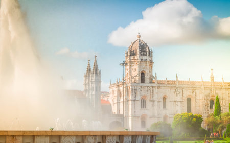 Old Mosteiro dos Jeronimos with fountain, Belem, Lisbon, Portugalの写真素材