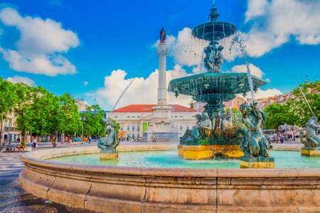 famous Rossio square at sunny day, Lisbon, Portugalの写真素材