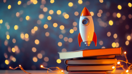 Stack of books with toy rocket, created using of AI toolの素材