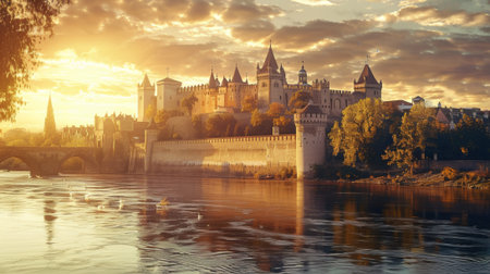 A breathtaking and stunning view of an ancient castle at sunset, beautifully reflected in the calm river watersの素材