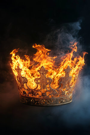 Medieval crown burning in flames, smoke and embers.の素材