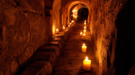 A captivating and enchanting view of illuminated stone steps beautifully adorned with numerous glowing candlesの素材