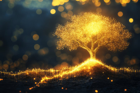 A luminous and enchanting tree radiates a warm golden light in a mystical atmosphere filled with sparkling enchantmentの素材