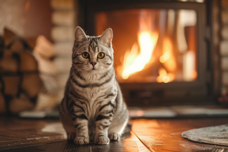 A beautiful cat comfortably resting beside a glowing fireplace, creating a wonderfully cozy and inviting atmosphereの素材