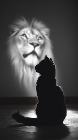 A striking black and white image depicting a cat with shadow of a lion, symbolizing courage and introspection.の素材