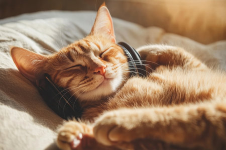A chill and relaxed orange cat is enjoying some good music while wearing headphones against a stylish backgroundの素材