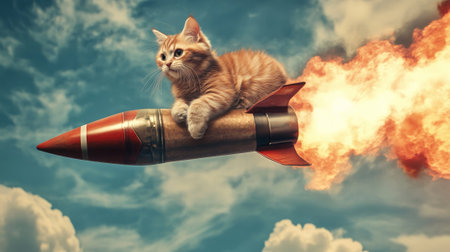 A cute cat joyfully rides a bright rocket through fluffy clouds, creating a whimsical and imaginative sceneの素材