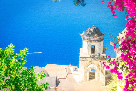 Belltower in Ravello village with sea view, summer Amalfi coast of Italy