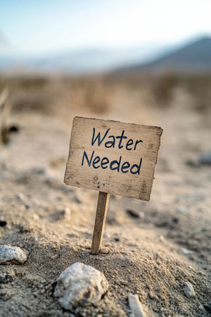 A sign stating Water Needed amidst a parched, cracked earth landscape, highlighting the urgent need for water.の素材