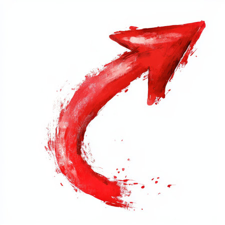 An abstract red arrow that effectively symbolizes movement, change, and direction in a unique creative designの素材
